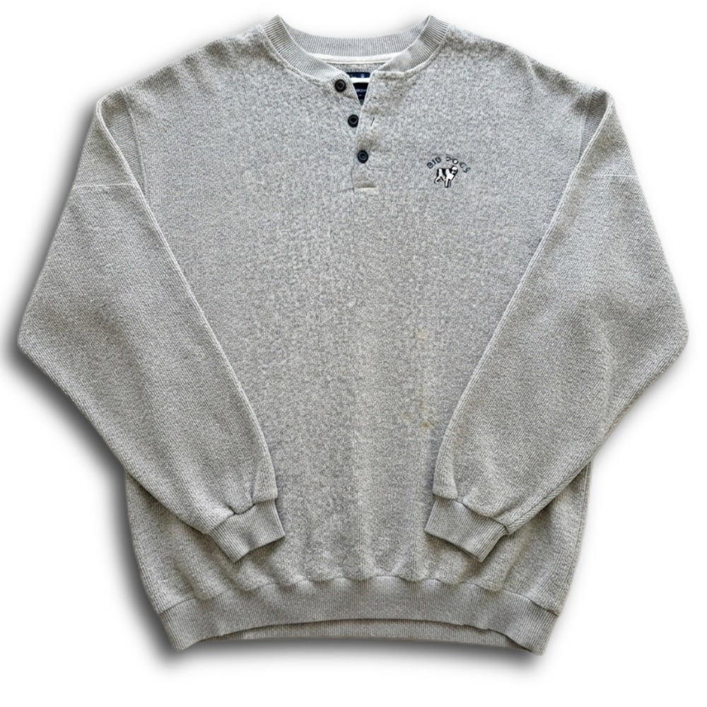 Vintage Big Dogs Henley Sweatshirt Mens L Gray Textured Knit Long Sleeve Flawed